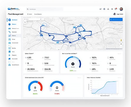 Fleet management dashboard with live map, KPIs, and analytics